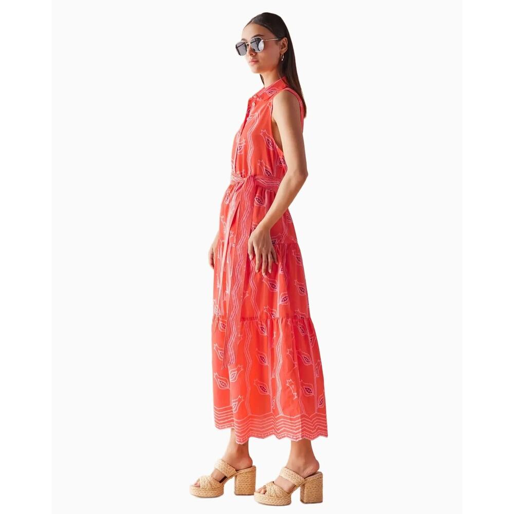Omika Emeline Maxi Dress Womens Small Orange Vani Papaya Belted Shirt Tiered - Picture 2 of 14